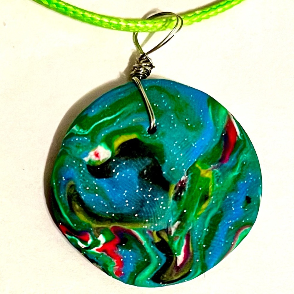 Reversible Handcrafted Handmade Clay Pendant Necklace One of a Kind Green Cord